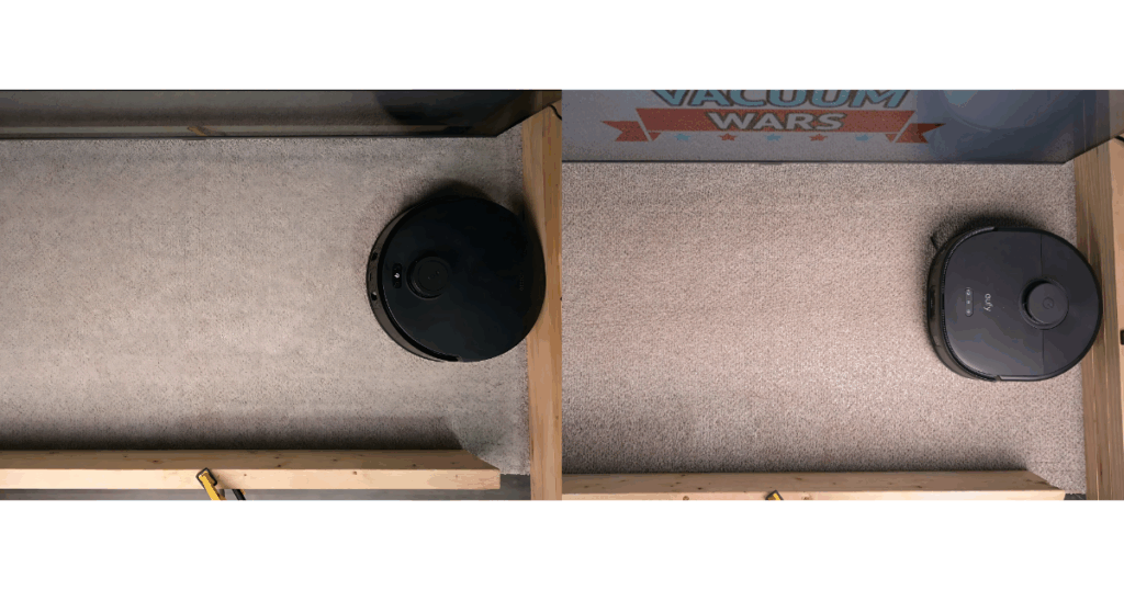 The Ecovacs T30S (left) pulled out 71% of sand in our deep clean test, a below average score, while Eufy (right) pulled out an impressive score of 83%