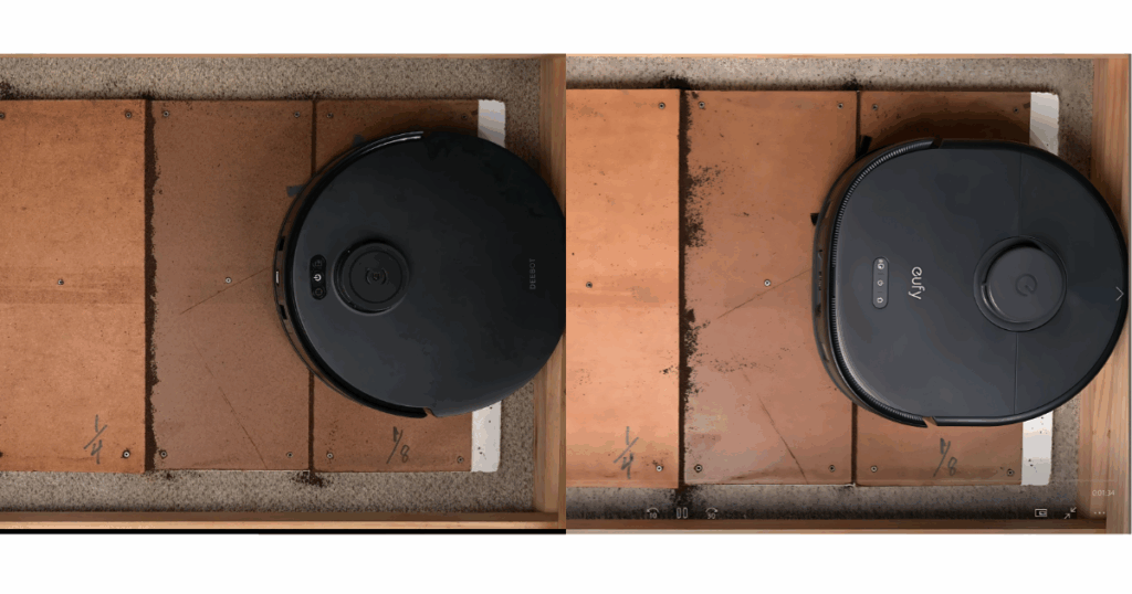 The Ecovacs T30S (left) performed better than the Eufy X10 Pro Omni (right) in our crevice pickup test