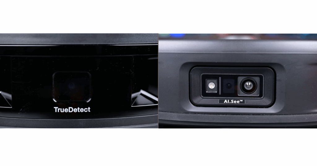 Ecovacs T30S (left) uses dual lasers and 3D structured light while Eufy (right) uses an RGB camera, LED light, and AI obstacle recognition for obstacle avoidance 