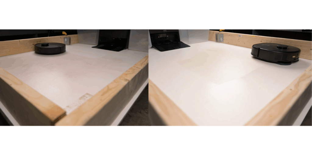 Ecovacs T30S (left) scored almost double what the Eufy X10 Pro Omni (right) scored in our dried stain test (119 to 60)