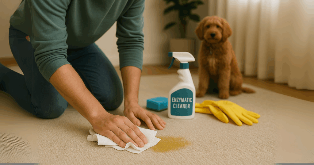 A person applying an Enzymatic Cleaner to a carpet stain with a dog in the background watching on.