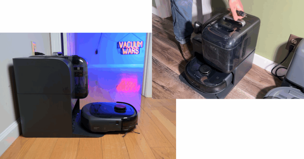 The Eufy E28 Omni's dock empties debris, washes and dries the mop roller, and houses and manages dirt and water in the spot cleaner as well
