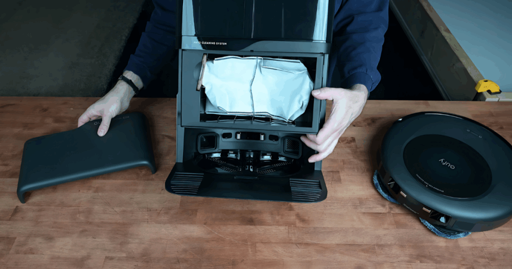 The Eufy Omni C20 has a bagged dock that washes and air dries the mop pads and empties debris into a bagged dustbin