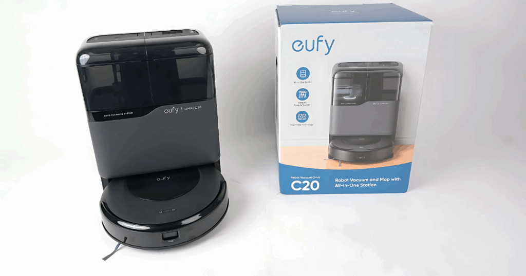 The Eufy Omni C20 with box in Vacuum Wars Studio