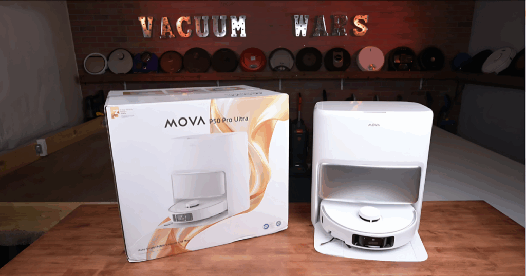 The MOVA P50 Pro Ultra with its box in Vacuum Wars studio