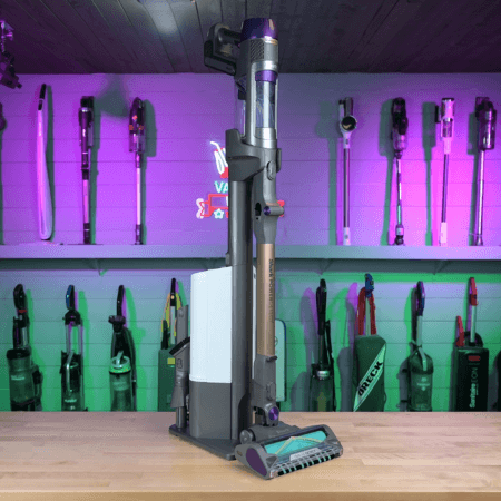 Shark PowerDetect Clean and Empty cordless vacuum and self-empty station at the Vacuum Wars Studio.