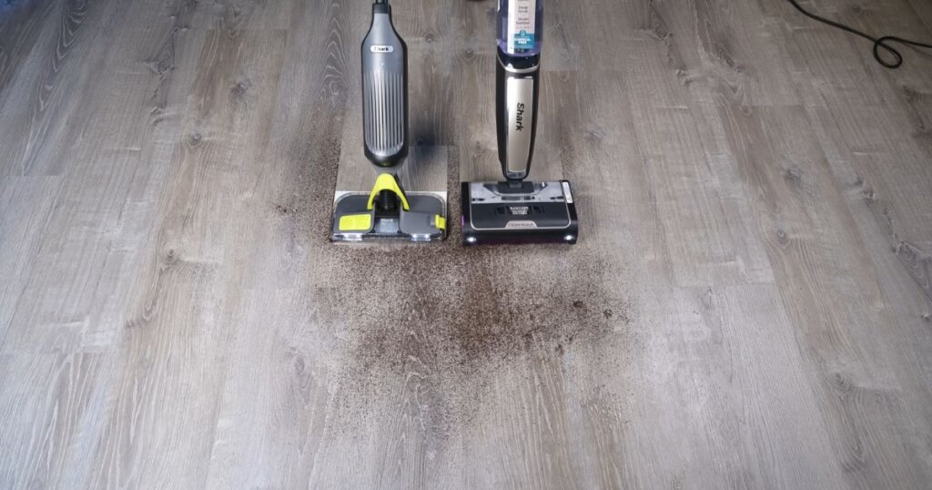 Shark VACMOP and Shark Steam Pickup are shown side by side on a floor as they sweep up debris.