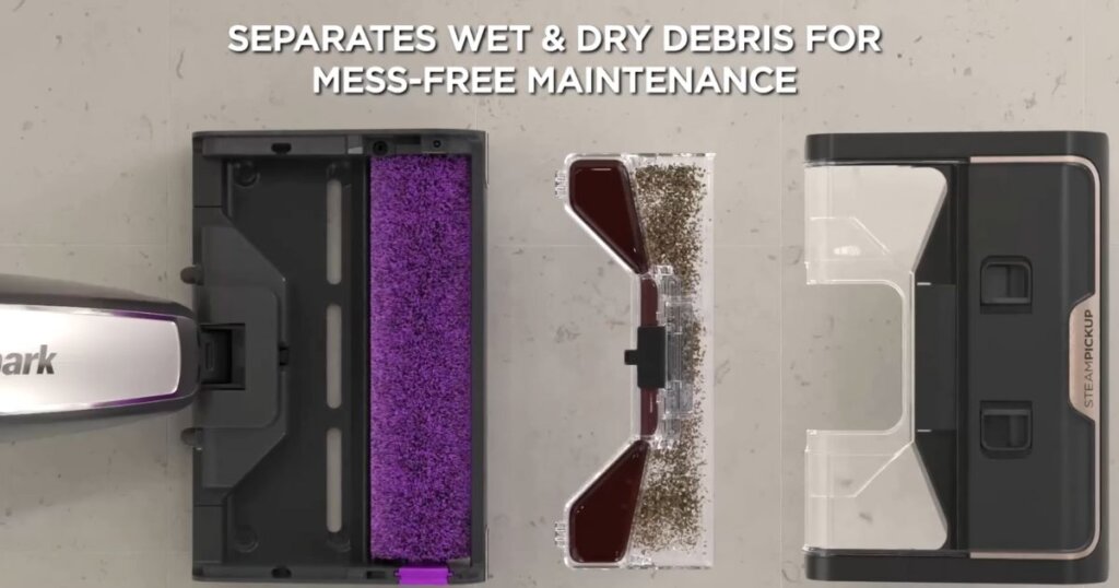 Breakdown of Shark Steam Pickup’s head showing a separated roller, debris container with dry and wet dirt, and clean exterior housing.