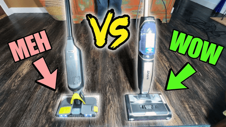 Side-by-side photo of Shark VACMOP labeled “Meh” and Shark Steam Pickup labeled “Wow,” with bold “VS” text between them.