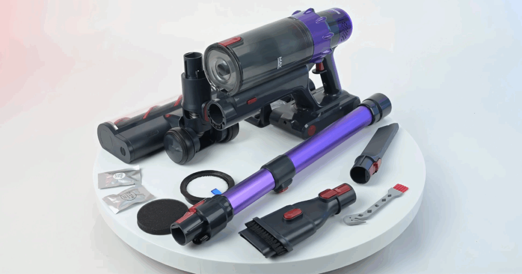 Image of Smoture VAC02 vacuum with all attachments and accessories displayed: main unit, wand, extra brush heads, filters, tools, and battery.