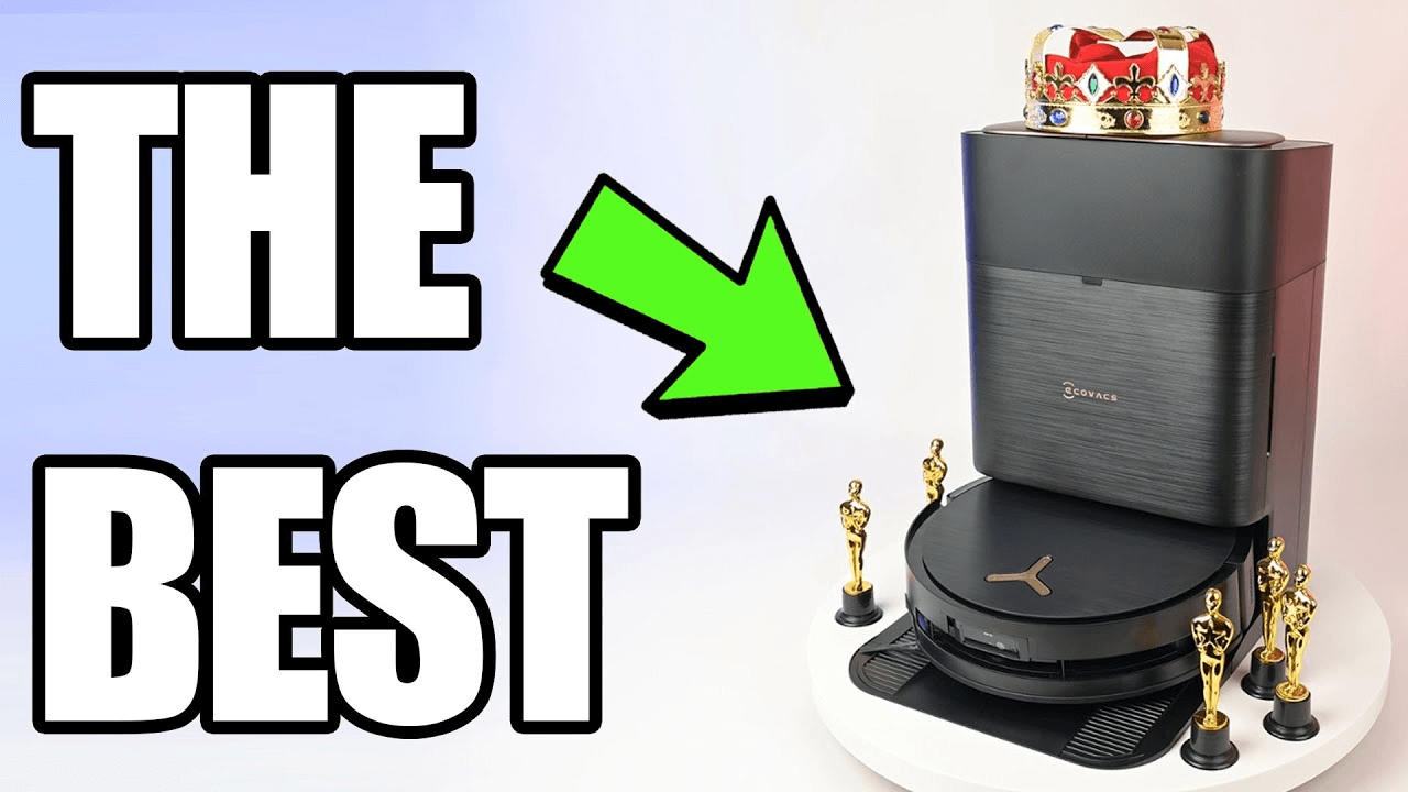 Ecovacs Deebot X9 Pro Omni robot vacuum on a platform wearing a crown, surrounded by six small gold award statues and a green arrow pointing from bold text that says “THE BEST.”