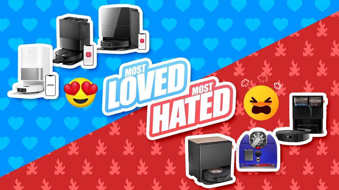 Image showing the most loved and most hated robot vacuums, split diagonally. On the "most loved" side: Mova P10 Ultra, Roborock Qrevo Slim, and Roborock Saros 10R. On the "most hated" side: iRobot Roomba Combo 10 Max, Dyson 360 Vis Nav, and iRobot Roomba Combo J9+. Backgrounds feature hearts on the loved side and flame icons on the hated side.