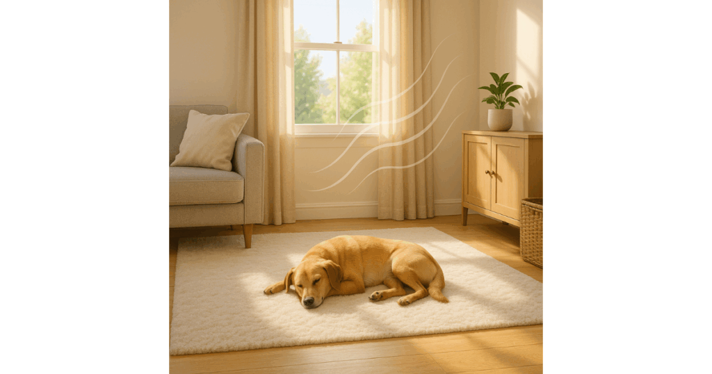 A dog sleeping peacefully on  a clean, light colored carpet.