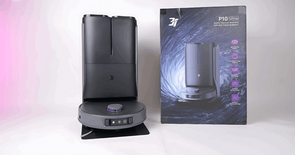 The 3i P10 Ultra ships with a multi-functional dock that washes and dries its mop, empties the dustbin, and cuts tangles from the brush