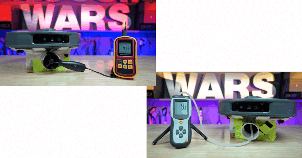 While suction bench tests were high at 1.35kPA (right), the airflow was below average at 11 cfm (left) 