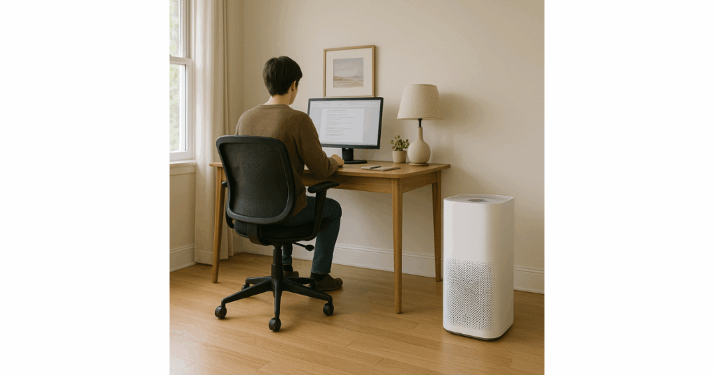 A person working at a desk with an air purifier next to him on the floor.