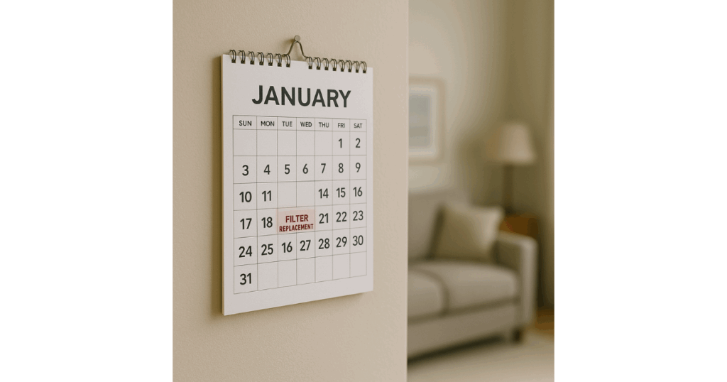 A calendar on a wall showing an Air Purifier Hepa Filter Replacement reminder
