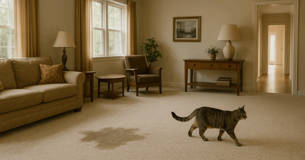 A cat in a living room walking away from a wet spot on a carpet.