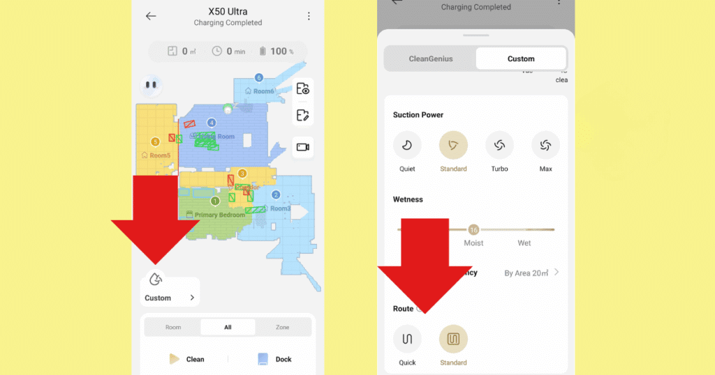 Quick route skips edges on the map for faster, high-traffic focused cleans
