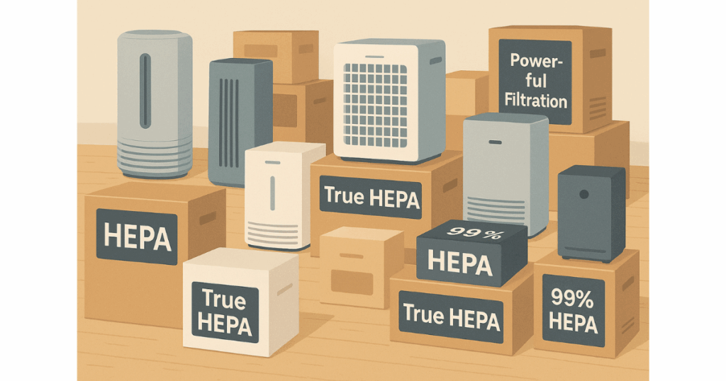 Graphic of Air Purifiers and Filter packages with various lables.