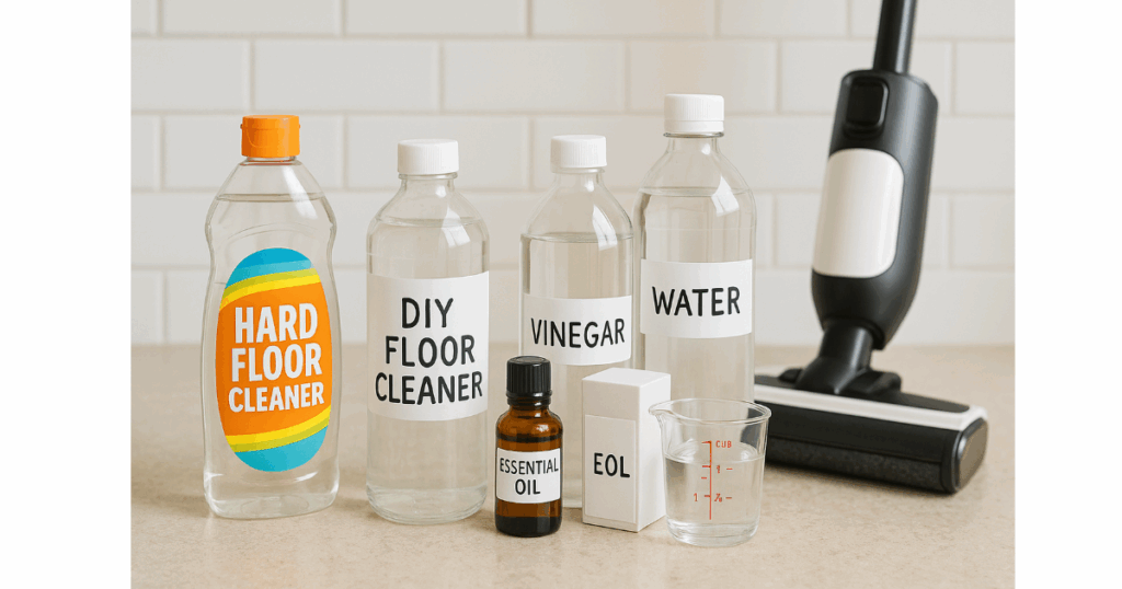 A labeled bottle of hard floor cleaner solution next to DIY ingredients and a hard floor cleaner.
