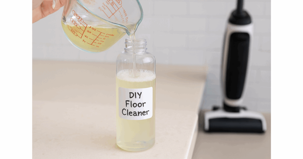 Close-up of a measuring cup pouring a gentle, low-foaming homemade cleaning solution into a bottle, with minimal bubbles, and a wet/dry vacuum mop combo visible in the background.