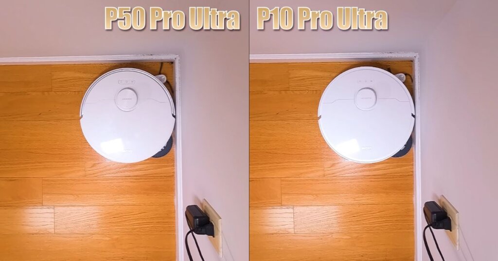 Side-by-side top-down images of the P50 and P10 Pro Ultra cleaning against wall edges on hardwood flooring.