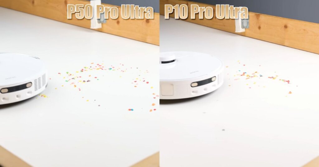 Side-by-side test of the P50 and P10 Pro Ultra vacuums picking up colorful debris from a white surface.