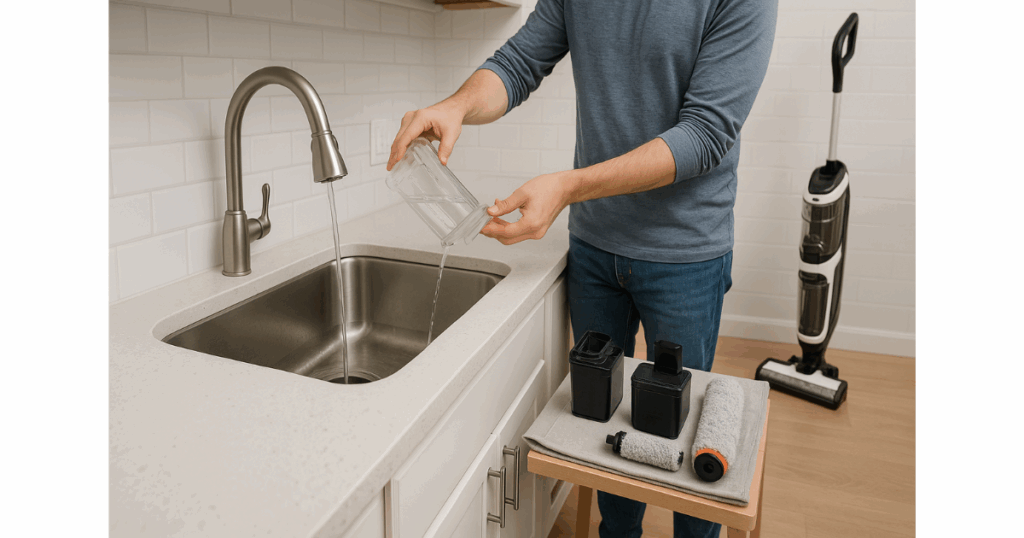 "A person emptying the clean water tank of a wet/dry vacuum mop combo into a sink, with removable parts like the brush and dirty tank set out to dry on a towel, emphasizing proper after-use maintenance.