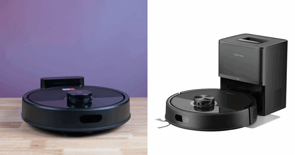 The Q7 M5 can be purchased alone (left) or in a plus model with an auto-emptying dock (right). The robot is the same in both