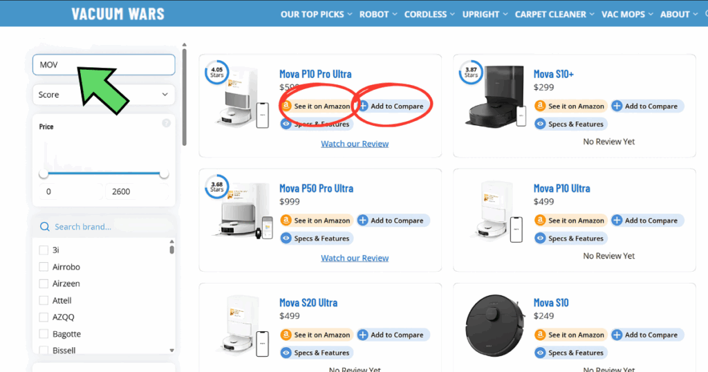 Start typing a brand or model in the search bar—it will auto-fill with matching results.