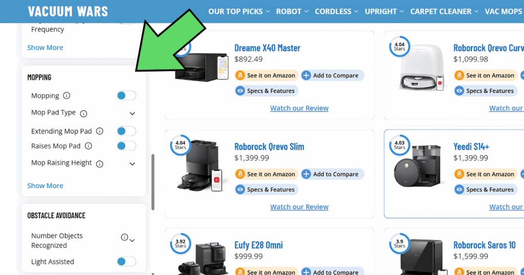Selecting a robot vacuum without a mop