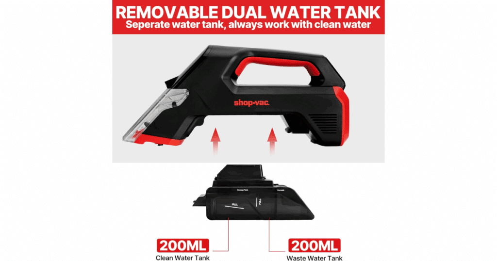 Dual removable water tanks on the Shop-Vac 3-in-1 Cordless Spot Cleaner for separating clean and dirty water in a compact design.
