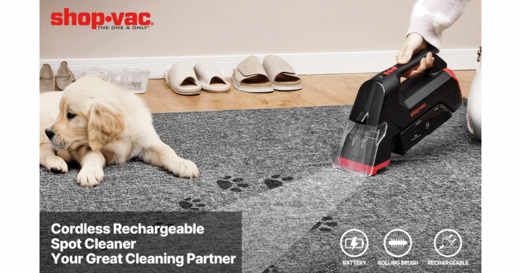 Cordless Shop-Vac 3-in-1 Spot Cleaner with USB-C charging for portable upholstery and spot cleaning without a power cord or hose.