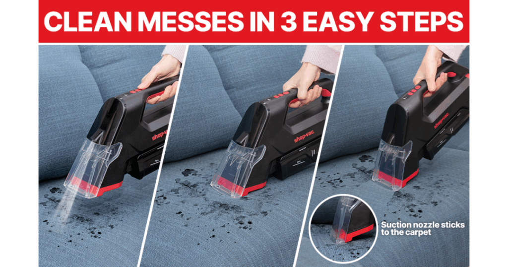 Shop-Vac 3-in-1 Cordless Spot Cleaner showing spray function, powered rolling brush, and suction nozzle for complete spot cleaning.