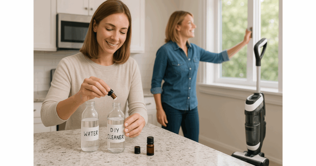 Person adding a few drops of essential oil to a homemade cleaning solution in a kitchen, with a wet/dry vacuum mop nearby and a window open for ventilation.