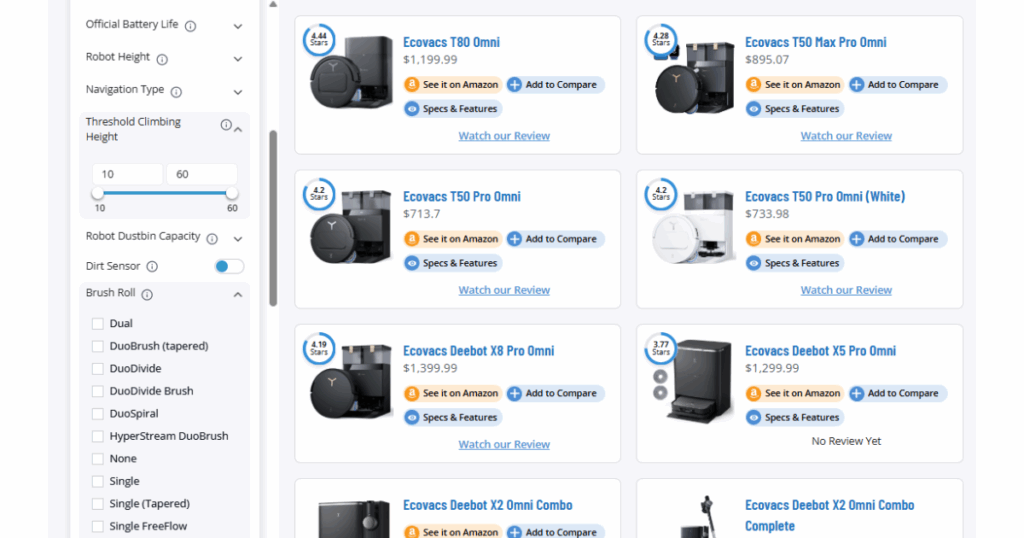 looking the the Robot Vacuum Features options on the Robotvacs website.