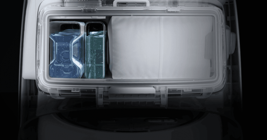 DJI Romo P vacuum with an extra built-in compartment designed to hold specialized cleaning solutions like antibacterial or degreasing agents for focused, room-specific cleaning tasks.