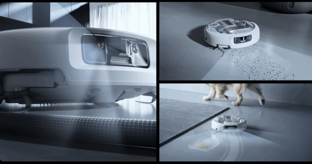 DJI Romo vacuum navigating around household obstacles, avoiding cords and pet accidents, slowing near lightweight debris like pet food to prevent scattering, and boosting suction for efficient cleanup.