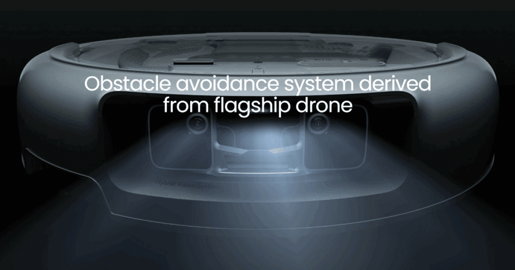 Front view of a DJI Romo vacuum cleaner equipped with omnidirectional obstacle sensing, combining binocular fisheye vision, wide-angle laser sensors, and AI to detect objects as small as 2mm.