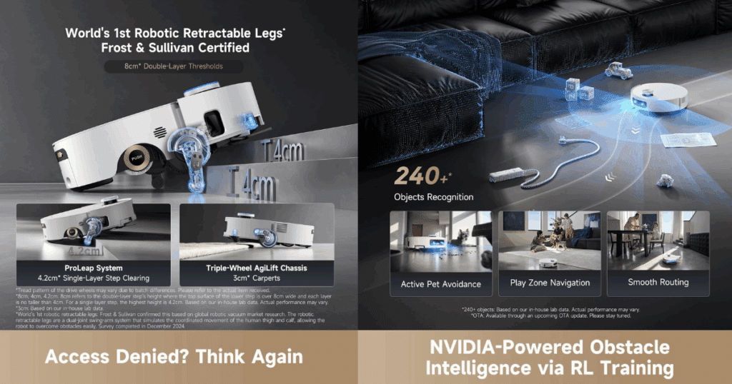 The Dreame Aqua10 Ultra Roller can climb tiered thresholds of 80mm and uses cameras and AI to recognize 240 objects. Image Dreame