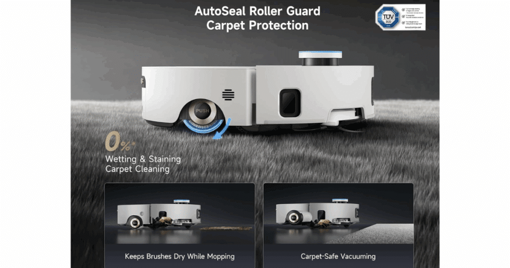 The Dreame Aqua10 Ultra Roller covers the roller with an AutoSeal guard to prevent wetting carpets. Image Dreame