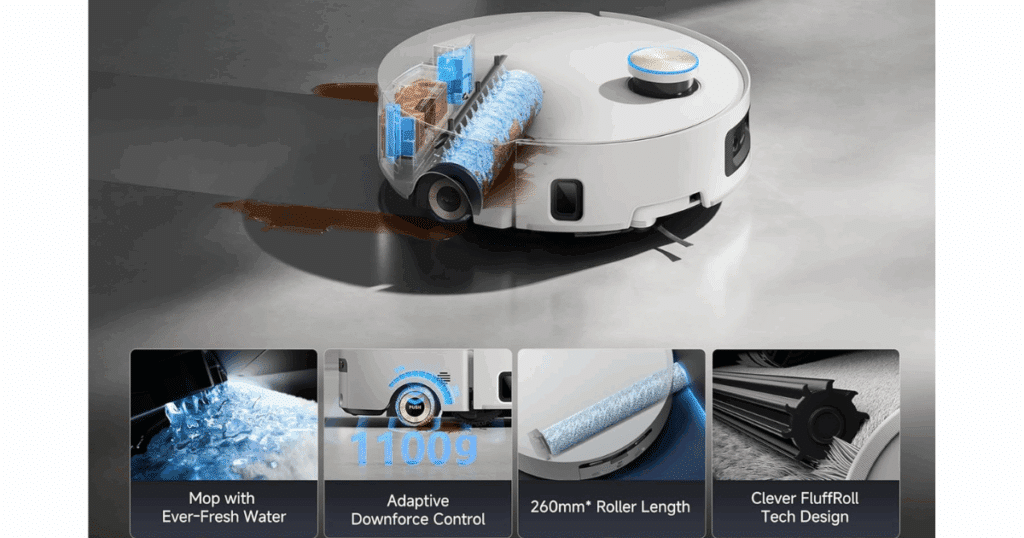 The Dreame Aqua10 Ultra Roller cleans itself, extends to the side, and has a roller-fluffing module that keeps the roller from packing down with use. Image Dreame