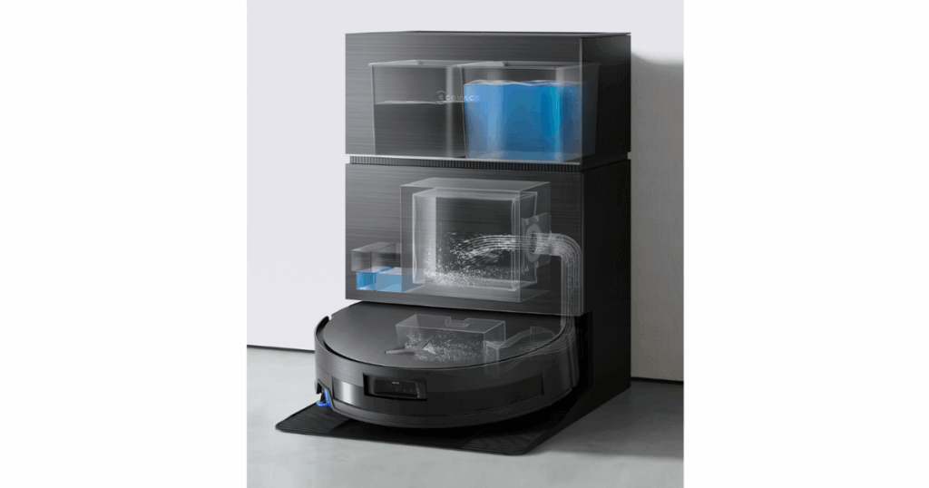 Ecovacs Deebot X11 all-in-one base station with hot water mop washing, auto dustbin emptying, and detergent dispensing.