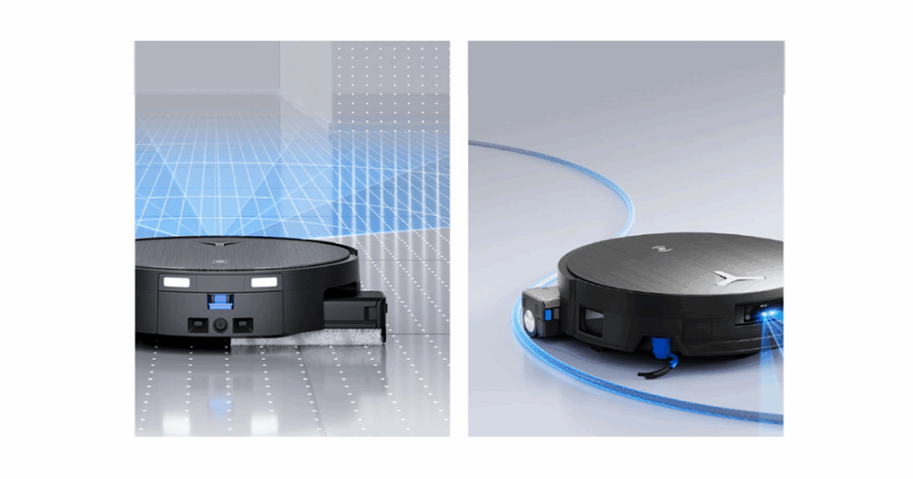 Ecovacs X11 robot vacuum with TruePass four-wheel adaptive drive and AIVI 3D 3.0 vision system for obstacle climbing and navigation.