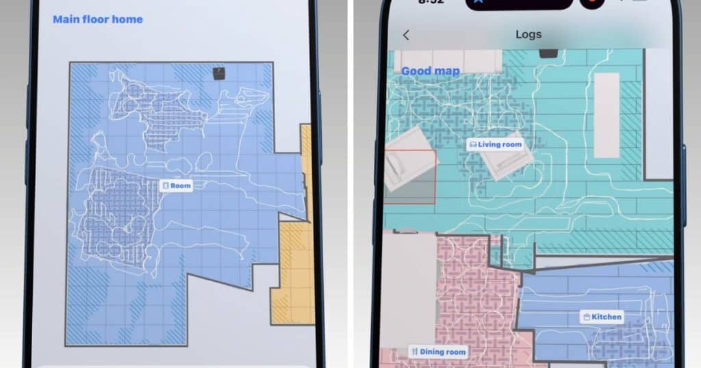 Side-by-side Ecovacs app screenshots comparing a flawed cleaning map and an accurate room map.