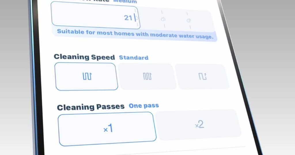 Ecovacs app screen displaying cleaning speed settings, including standard mode and cleaning passes options.