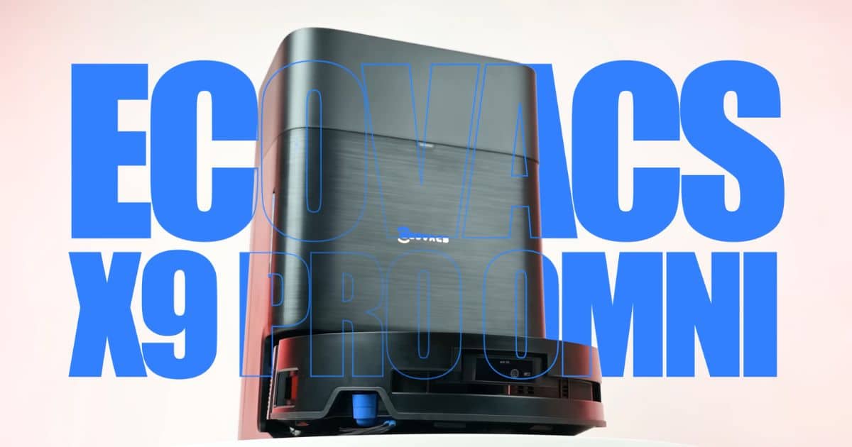 Ecovacs X9 Pro Omni robot vacuum inside its black docking station with large blue “Ecovacs X9 Pro Omni” text overlay.