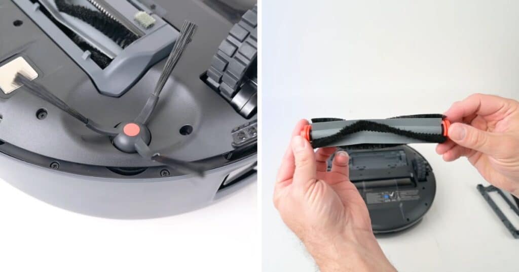 Close-up images showing the Eufy E20 3-in-1’s single side brush and detachable main brush.