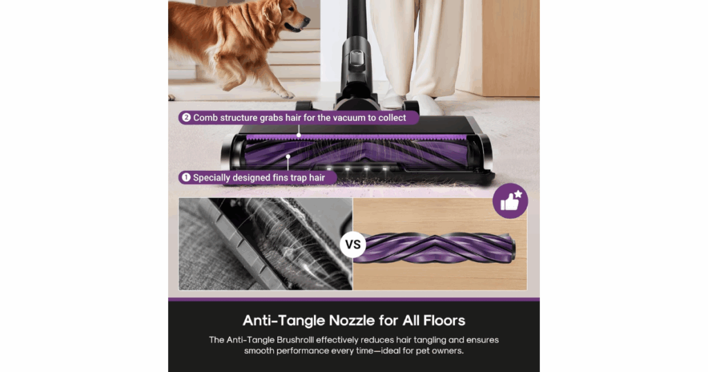Close-up of Eureka ReactiSense anti-tangle brushroll preventing pet hair wrap